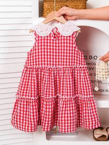Girls Red & White Plaid Dress With Large Collar, Classic Retro Gingham Pattern, Layered Ruffle Hem Design, Cute & Charming For Birthday Party Or Outdoor Picnic, Spring/Summer - Red - View 2
