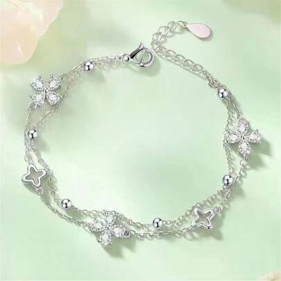 925 Sterling Silver Four-Leaf Flower Bracelets For Women Luxury Original Double Layer Sparking Zirconia Bracelet Party Jewelry