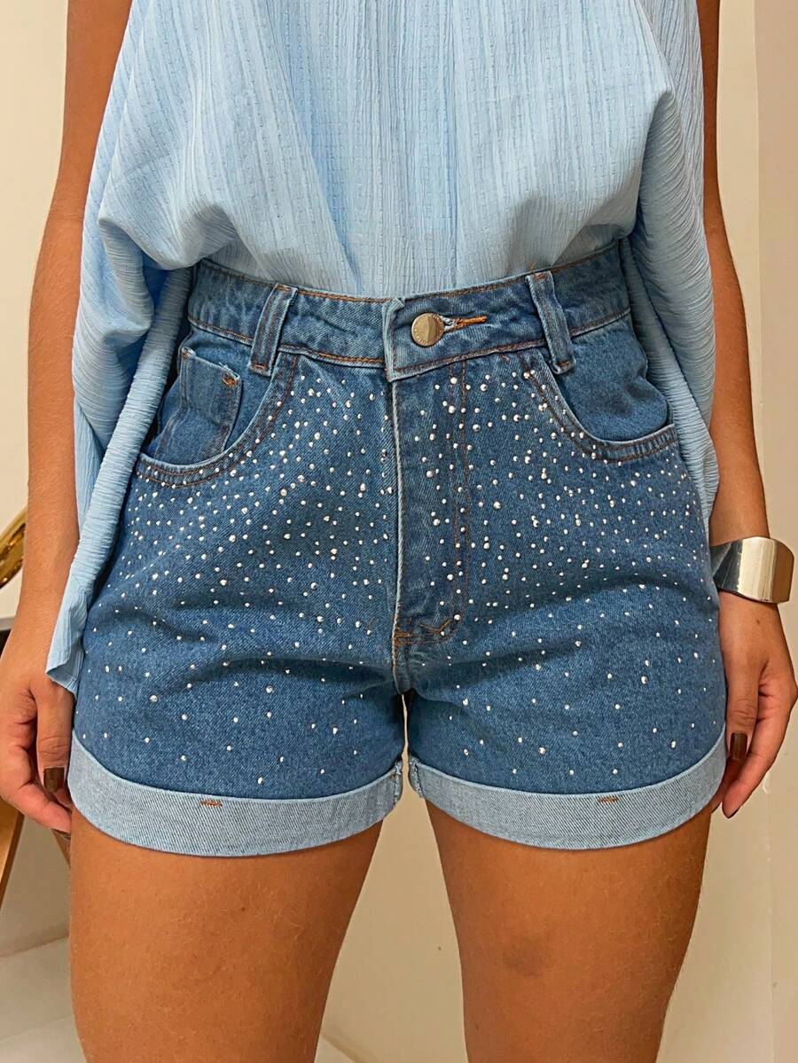 Women's High-Waisted Mom Shorts With Rhinestone Detail - Rửa tối - Xem 1