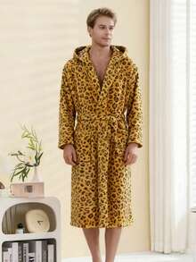 1pc Hooded Robe, Leopard Trim, Fluffy & Soft Bathrobe For Bathroom, Bedroom, Living Room, Pool, All Seasons - White - View 16