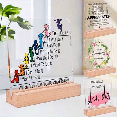 1pc Office Supplies,Printed With Encouraging Positive Suggestive Language Acrylic Ornaments With Wooden Base,Office Desktop Accessories,Funny Self-Motivation Plaque,Colleague Gift Office Decoration