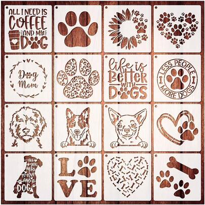 16pcs Dog Template, Dog Paw Print Template, Heart, Sunflower, Heart-Shaped Dog Template, Reusable Painting Stencils For Wood Painting, DIY Crafts, Scrapbooking, Signage, T-Shirts, Canvas