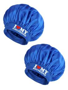 Couple's Black Wide-Brim Satin Printed Bucket Hat, Printed With "I Love My Girlfriend/Boyfriend" - Blue - View 19