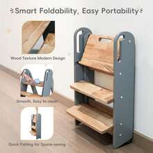 Taburete de madera escalonado para niños pequeños, taburete escalonado para niños para el lavabo del baño, taburete plegable para entrenamiento de ir al baño con almohadillas antideslizantes y asas, escalera de madera para niños pequeños para la encimera de la cocina, gris - Gris - Ver 3