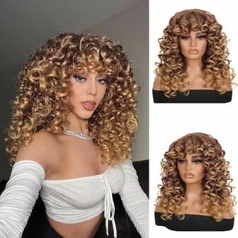 Curly Wigs For Black Women Long Curly Afro Black Wig With Bangs For Women Big Bouncy Fluffy Synthetic Fiber Glueless Hair For Cosplay And Daily
