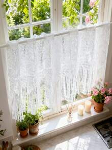 1件白色蕾丝门帘，长流苏，优雅树叶刺绣图案，公主风薄纱短款咖啡帘，适用于厨房、浴室、卧室门口，杆袋式顶部 - 白色 - 查看 5