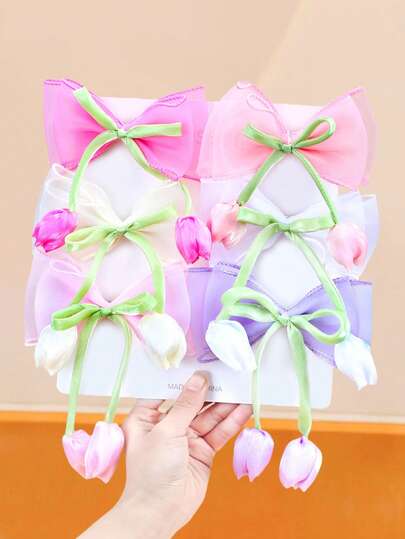 Set de 6 pinzas para el cabello con estilo de tulipán y lazo tipo macarrón, en colores rosa, morado, blanco y beige - Adecuado para niñas y mujeres, se puede usar para diario, fiesta, estilos vintage, dulces y académicos, accesorios para la cabeza, accesorios para el cabello para mujeres, pinzas de garra, pasadores para el cabello, barrettes
