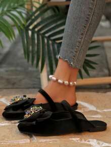 Women's Spring/Autumn New French Style Rhinestone Bow Square Toe Slip-On Mules - Black - View 2