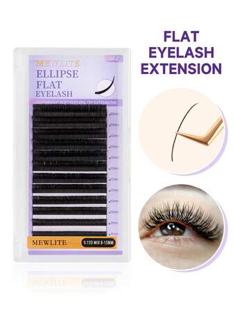 Pestañas planas elípticas de 12 filas MewLite, puntas divididas, rizado C/D/L, negro mate gris, súper suaves con aspecto natural, fácil para principiantes, longitudes mixtas (8-15 mm) - Perfectas para extensiones de calidad de salón