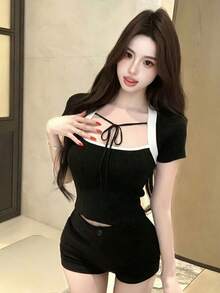 新款春夏女式针织短袖T恤，正面撞色系带蝴蝶结设计 - 黑色 - 查看 4