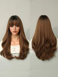 7JHH WIGS Natural Body Wave Warm Brown Wigs For Women Long Wavy Synthetic Wig With Bangs Natural Looking Soft Fiber Beautiful Fluffy Wigs For Beginners Daily Party Wedding Use 22 Inch - 鏽棕色 - 查看 5