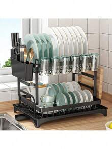 Dish Drying Rack: 2 Tier Stainless Steel Dish Rack For Kitchen Counter,Dish Racks For Kitchen Counter And Sink - Large Dish Drying Rack With Drainboard & Utensil Holders - Stainless Steel Dish Drainers Home Essentials Kitchen Organization And Storage Kitchen Accessories,Home Accesssories,Kitchen Essentials,Kitchen Deccor - màu đen - Xem 8