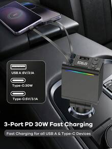 REMAX 藍牙 5.3 FM 發射器與車用充電器，附彩色氛圍燈，雙 74cm 可伸縮 USB-C 線，30W PD 快充，HD 麥克風免持通話，Type-C 充電器，iPhone 充電器，汽車配件，汽車用品，汽車必需品 - C88 - 查看 4