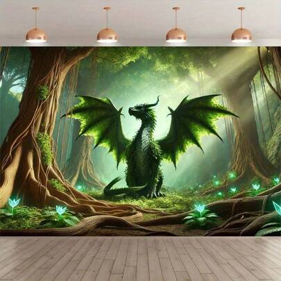 Telón de fondo de fotografía de dragón verde bosque 2D plano, de una sola pieza - Material de poliéster, disponible en varios tamaños, tapiz de fondo para fiesta, decoración de banner interior/exterior, prop de estudio fotográfico, decoraciones de fiesta de cumpleaños y vacaciones