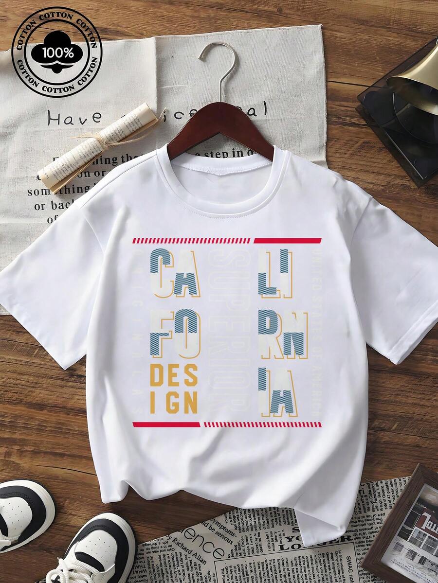 Camiseta de mujer con estampado gráfico de letra de California vintage, camiseta de cuello redondo casual de manga corta, top holgado con patrón retro, ropa casual de verano de estilo callejero - Negro - Ver 1