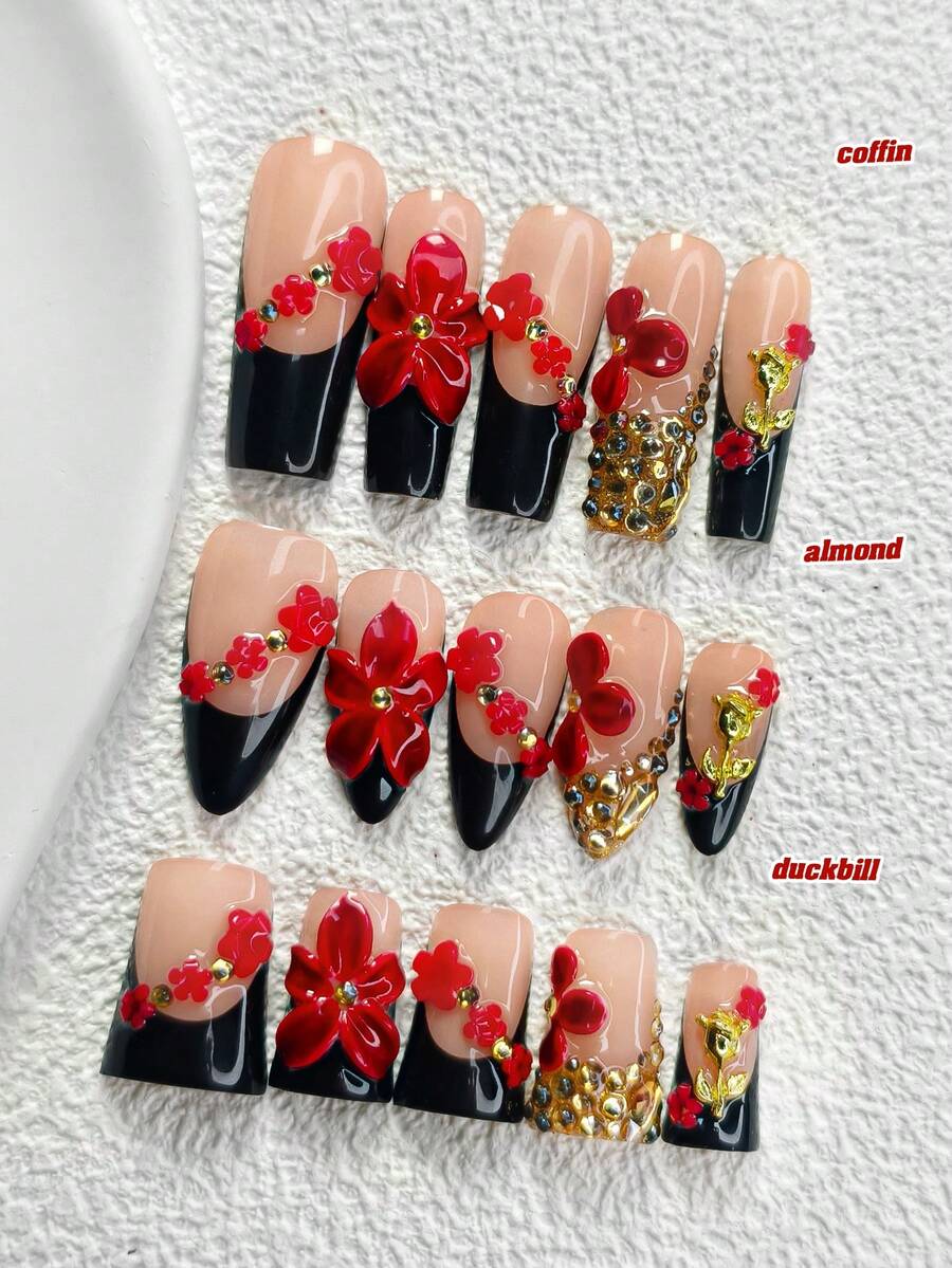 10片装成熟魅力女士美甲贴纸，黑色法式假指甲，人造红色花朵装饰，小巧红色花朵点缀，合金玫瑰造型饰品，闪亮水钻，三种尺寸可选：杏仁形、方形、尖头形，包含工具（1片果冻贴纸+1个指甲锉），适合女性和女孩，秋冬季节、派对、日常佩戴美甲配件，手工按压式美甲贴片 - 彩色 - 查看 1