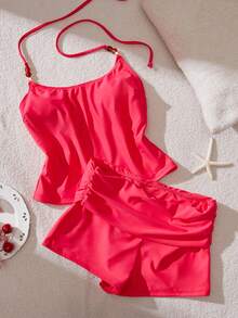 Bộ đồ bơi tankini cổ yếm màu trơn dành cho nữ, thích hợp cho kỳ nghỉ hè ở bãi biển. - Đỏ - Xem 8