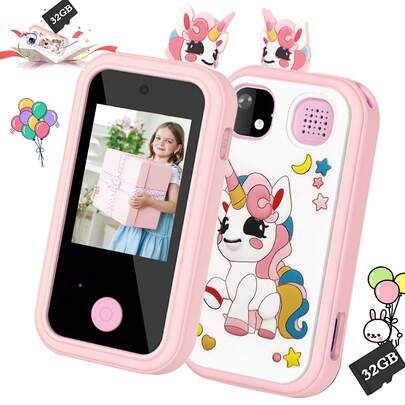 适合3-12岁女孩的智能手机玩具，可爱触摸屏双摄像头，带音乐播放器的益智玩具，支持32GB内存卡，绝佳的节日和生日礼物