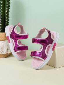 Girls Shiny Stylish Summer Hook And Loop Cute Simple Fashion Casual Sandals, Toddler Outdoor Beach Shoes, Students Breathable Lightweight Comfortable Children Sports Sandals