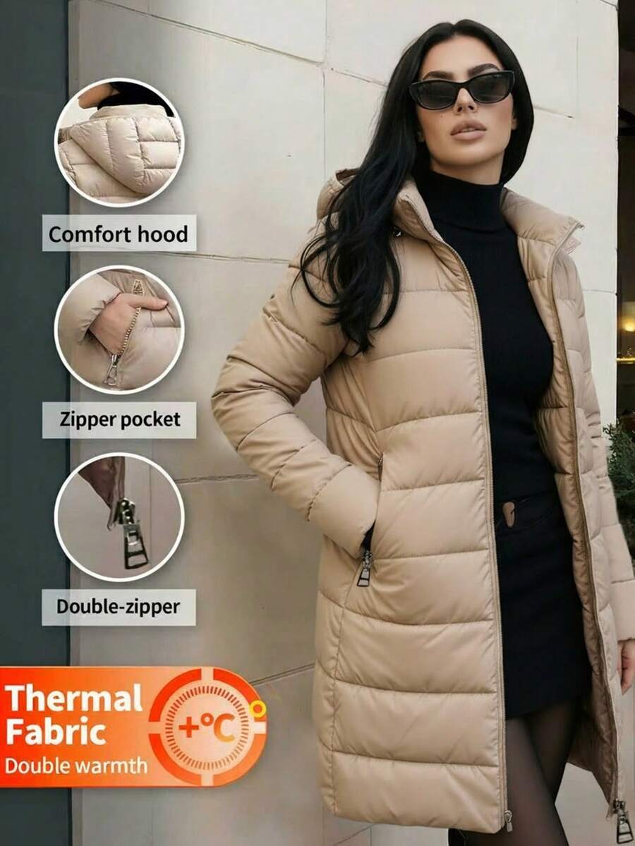 Women's Mid-Length Hooded Jacket, Stylish And Comfortable For Autumn/Winter, Ideal For Daily Wear And Commuting, With Pockets – We Recommend One Size Up. - Khaki - View 1