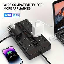 10 In One Power Strip Lightning Protection Device, Compact Design, 3250W 13A AC Socket, Including 7 AC Sockets And 3 USB Ports, With 4 Independent Switches, Portable British Standard Plug, Suitable For Home, Kitchen, Office Or Hotel Use - UK Plug(220-240V) - View 6