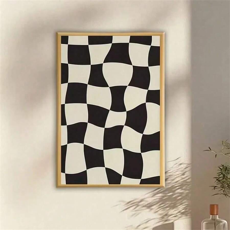1pc Canvas Wall Art, Plaid Pattern Painting, 70s Style Wall Art, Floral Art Poster, Retro Plaid Poster, Wavy Plaid Poster, Suitable For Living Room, Bedroom And Home Decor Optional Frame - Multicolor - View 1