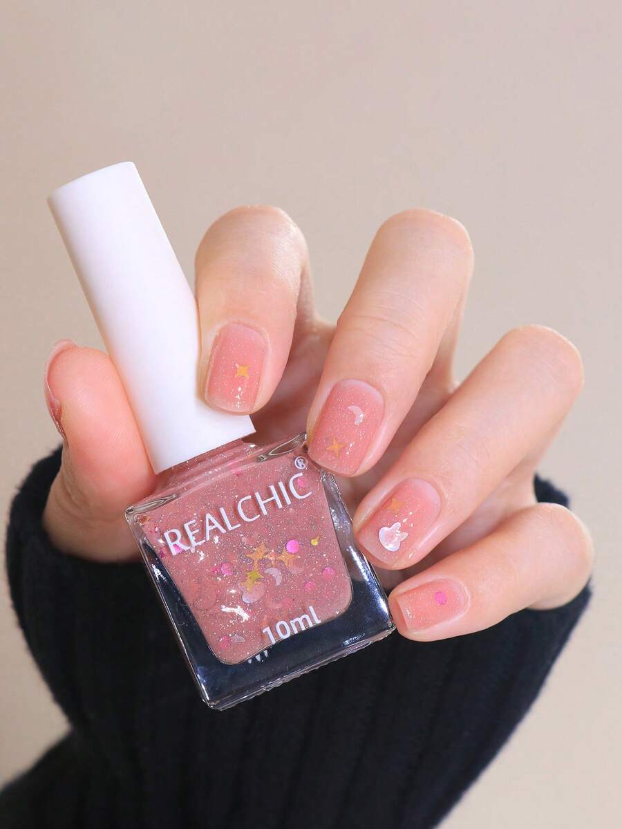 REALCHIC 10ml/Bottle Moon/Star Glitter Water-Based Nail Polish, Quick Drying, Long Lasting, Peel-Off, Odorless, Wedding Manicure, Women's Nail Art, Holiday Gift, Spring/Summer Nail Care - 粉色 - 查看 1