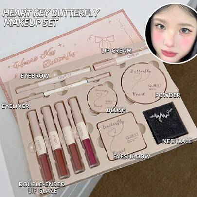  QIBEST Nouveau Set de Maquillage Cœur et Papillon - Brillant à Lèvres, Fard à Joues, Ombre à Paupières, Poudre, Crayon à Sourcils, Eyeliner - Facile à Assortir à Différents Looks de Maquillage, Cadeau Parfait