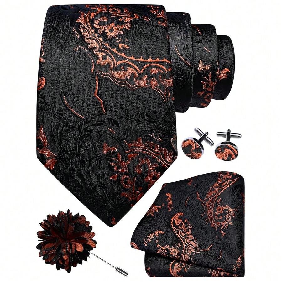 GUSLESON 8cm Paisley Tie Set For Men Necktie Lapel Pin Pocket Square Cufflinks Set For Men,Rust - Rust - View 1