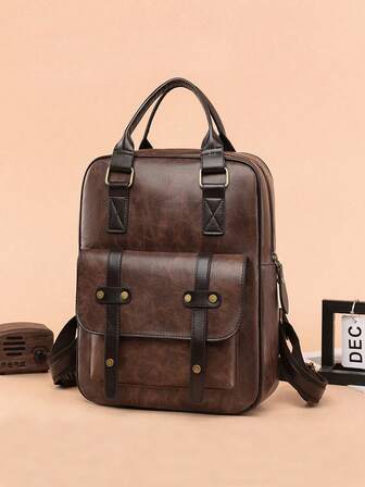 1个休闲学院风双肩包，时尚优质PU皮革，宽敞多口袋设计，大容量，带笔记本电脑隔层，拉链封口，纯色轻便书包，便携式运动包，简约休闲旅行双肩包，适合毕业生、女性和少女使用。