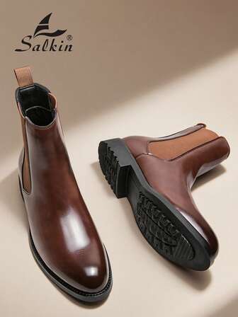 Salkin 复古设计师男士切尔西靴，套穿式，尖头设计，奢华中筒踝靴，男士柔软真皮靴，绅士商务正装鞋，休闲办公派对鞋，情侣浪漫晚餐约会礼物，返校学生鞋，学院风，建议选大一码
