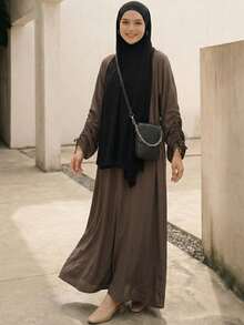 女士长袖梭织长袍，圆领设计，高弹面料，端庄优雅风格 - 卡其色 - 查看 1