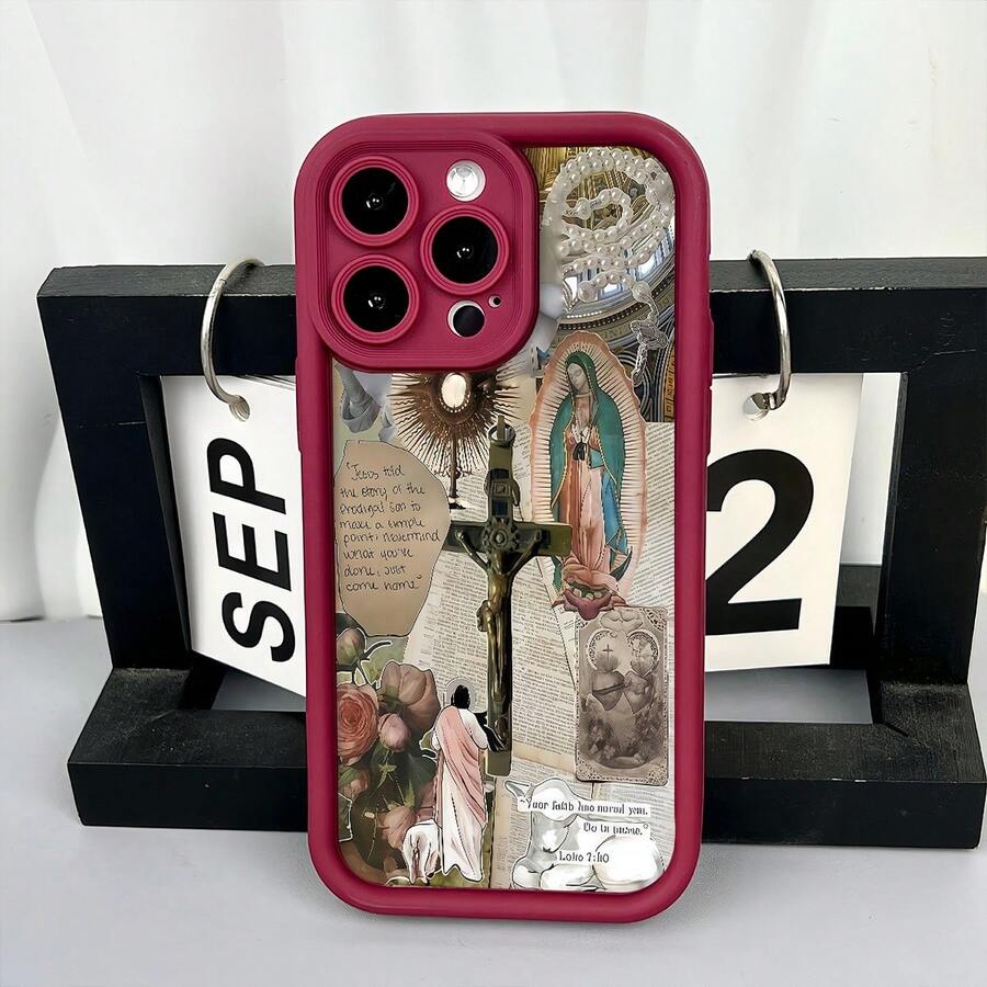Adecuado para funda patrón Inspiración Arte Decorativo Con Cruz Virgen Rosa protectora de teléfono Apple13/14ProMax,16/16Pro/16Plus/16ProMax,11/11Pro/11ProMax,12/12Pro/12ProMax,13/13Pro/13ProMax,14/14Plus/14Pro/14ProMax,15/15Pro/15Plus/15ProMax,nuevo17 marca de moda , nuevo estuche de teléfono trapezoidal de cíclope , regalo de moda minimalista interesante para hombres y mujeres . - Bordó - Ver 1