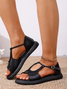 Women's Platform & Wedge Slip-On Shoes, Fashionable Casual Flat Shoes, T-Strap Hollow-Out Shoes, Black Loafers - Black - View 4