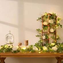 1个仿真尤加利花环，带玫瑰，仿真绿色植物花环，人造花卉悬挂藤蔓装饰，适用于桌子、壁炉、墙壁、拱门、家居、婚礼派对装饰，香槟色/粉色/白色，万圣节，圣诞节花卉装饰，情人节。 - 彩色 - 查看 3