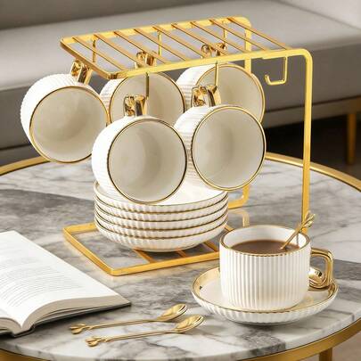 1set/6sets Premium Gold-Rimmed Ceramic Tea Set, Including Coffee Cups And Saucers, Perfect For Italian Espresso, And Dishwasher-. Ideal For Home Kitchens, Table Decorations, Afternoon Tea, Coffee Breaks, Personalised Gifts, Kitchenware, Ramadan, Parties, Birthdays, Weddings And Banquets. The Perfect Gift For Mother's Day And Father's Day.
