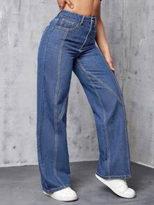 Y2K Autumn Back To School Season, Autumn/Winter, All Season One Piece Long Denim Jeans With Buttons And Zipper, Solid Color Cotton Casual Fashion Versatile , Suitable For Night Out, Commuting, School Spring - Blue - View 4