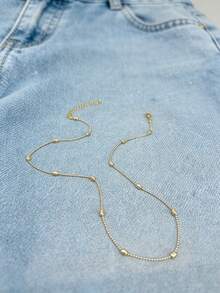 1pc 18K Gold Plated Stainless Steel Minimalist Style Beaded Oval Charm Necklace Chain, Versatile For Daily Wear