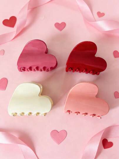 4pcs Valentine's Day Sweet Solid Color Heart Hair Clips, Minimalist Fresh Heart-Shaped Hair Clips Suitable For Daily And Holiday Party Use Fashion Hair Claws Women Hair Accessories Causal Claw Clip Elegant Hair Clutch