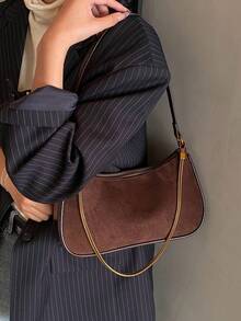 新款时尚简约纯色复古PU皮绒面链条肩带多功能高端通勤腋下包，欧美风奢华别致ins法棍斜挎包，适合日常通勤、购物、度假、大学生活 - 彩色 - 查看 4