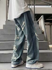 Teen Boy's Fashionable Cross Embroidered Loose Casual Denim Jeans - Medium Wash - View 2