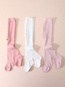 3 Pairs Baby Girls' Solid Color Leggings, Simple Style, Suitable For Spring And Autumn - Multicolor - View 10