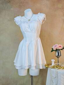 Elegant Casual Ruched Bust Vintage French Style Off-Shoulder Tiered Chiffon Dress, Suitable For Spring/Summer, Vacation, Wedding, Daily Wear, Travel, Stage Performance, Airport, Beach - White - View 8