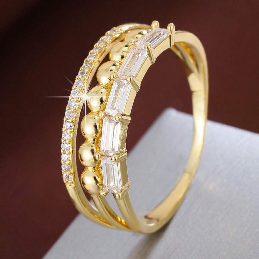 1pc Geometric Round Design Cubic Zirconia Inlaid Fashion Ring For Women