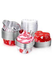 20/4pcs Red/White Heart-Shaped Aluminum Foil Cake Molds With Lids, "Happy Valentine's Day" Dessert Decoration Boxes, Heart-Shaped Cakes, Cookies Decoration Cake Boxes, Party Dessert Decoration Boxes, Disposable Mini Cake Molds, Suitable For Valentine's Day Packaging, Baking Dessert Packaging, Anniversary - Multicolor - View 4