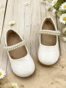 1 Pair Girls Mary Jane Dress Shoes With Pearl Strap, Hook And Loop Closure, Flat Shoes For Kids Party Ceremony And Daily Wear