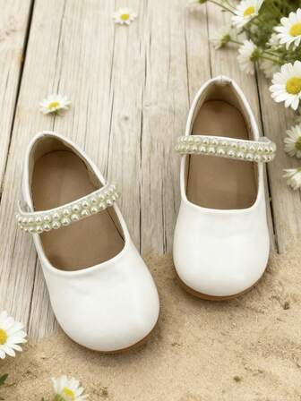 1 Pair Girls Mary Jane Dress Shoes With Pearl Strap, Hook And Loop Closure, Flat Shoes For Kids Party Ceremony And Daily Wear