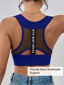 LianShengFa 1pc Seamless Sports Bra With English Letter & Mesh Splice, Removable Pads, Soft & Breathable Yoga Bra Top - Navy Blue - View 3