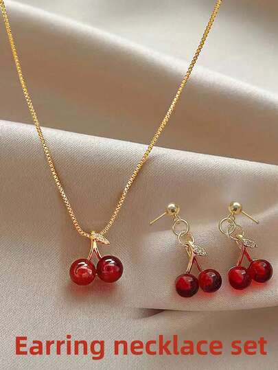3 件/套时尚锁链项链和耳环，简约耳环，樱桃红和酒红色情人节女友礼物珠宝