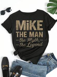 Women's "Mike The Man The Myth The Legend" Graphic Tee Vintage Washed Casual Short Sleeve Crewneck T - Shirt Funny Quote Print Top For Daily Wear - 黑色 - 查看 5